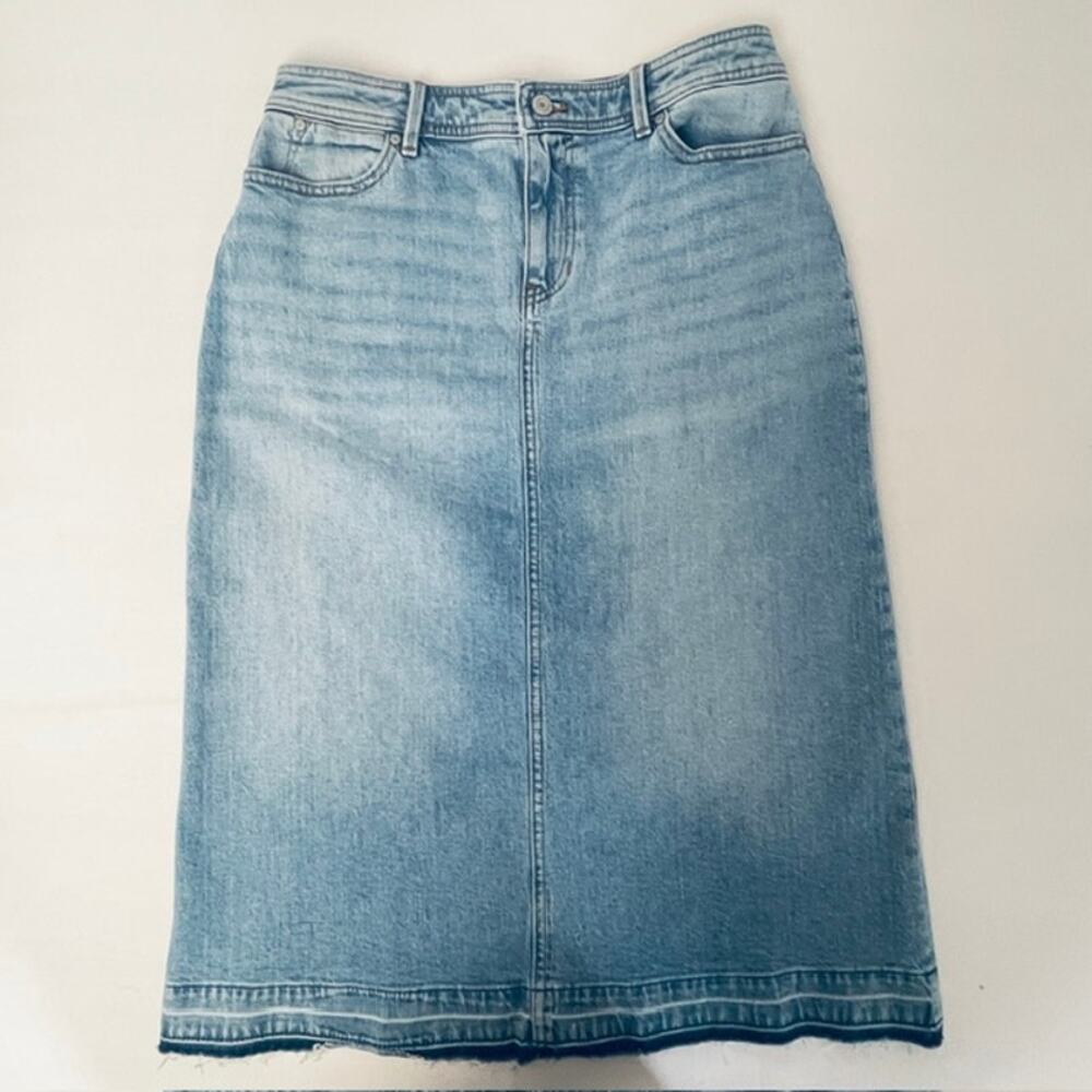 Talbots Petite Light Wash Denim Midi Skirt Raw Hem Casual Cottagecore 8P Prairie